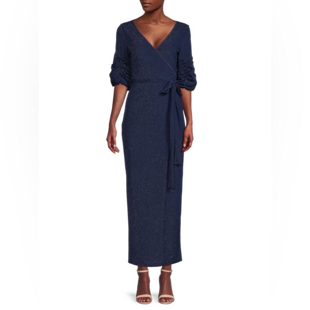 Starry night Glitter Maxi Wrap Dress metallic blue true wrap cocktail ruched s